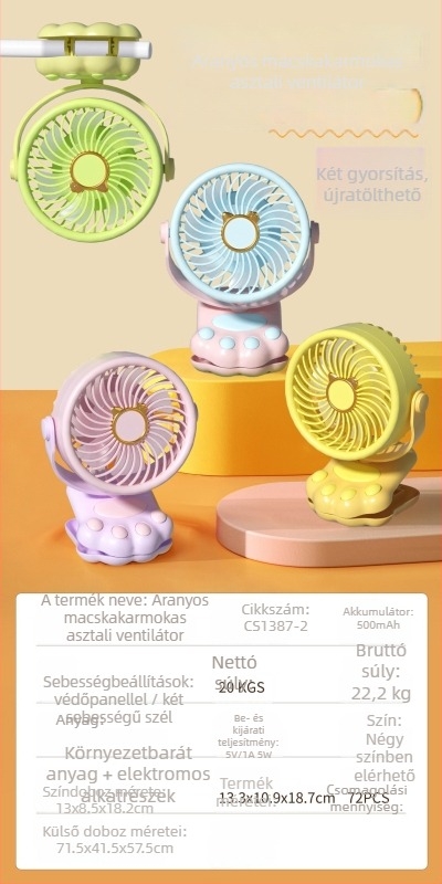 USB asztali ventilátor 3 lapátos, beépített 300-500 mAh akkumulátor, alacsony zajszint 36 dB alatt