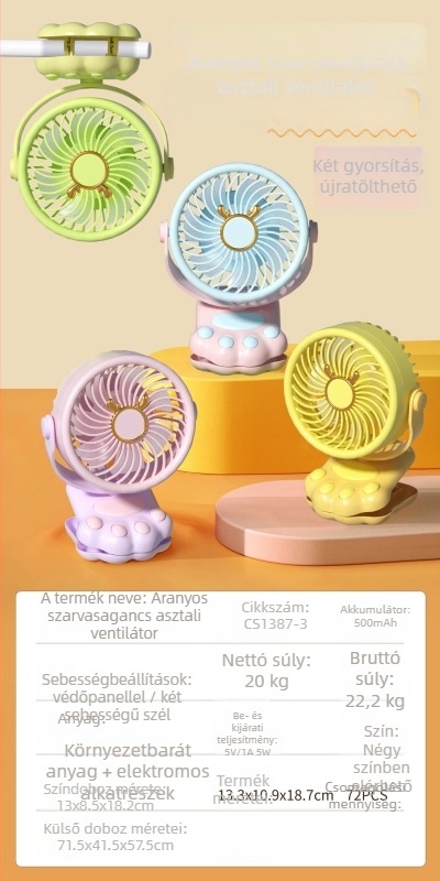 USB asztali ventilátor 3 lapátos, beépített 300-500 mAh akkumulátor, alacsony zajszint 36 dB alatt