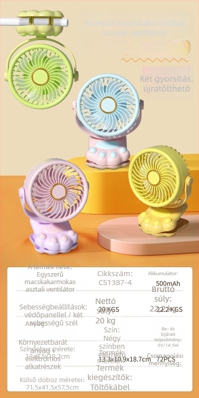 USB asztali ventilátor 3 lapátos, beépített 300-500 mAh akkumulátor, alacsony zajszint 36 dB alatt