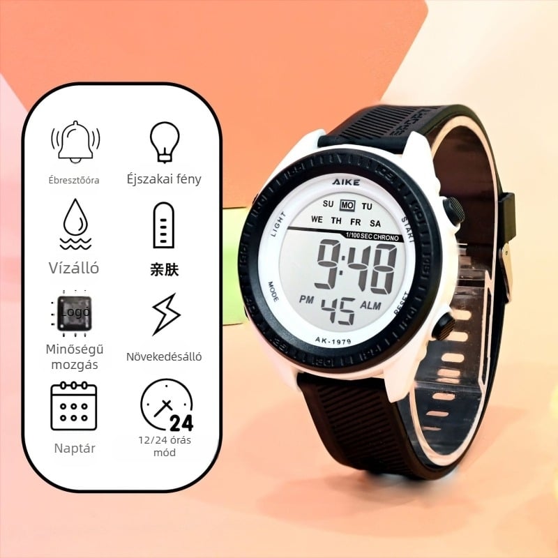 Unisex elektronikus karóra digitális kijelzővel, 30M vízálló, 45mm átmérőjű számlap, TPU szíj, ABS tokozás, diákok számára