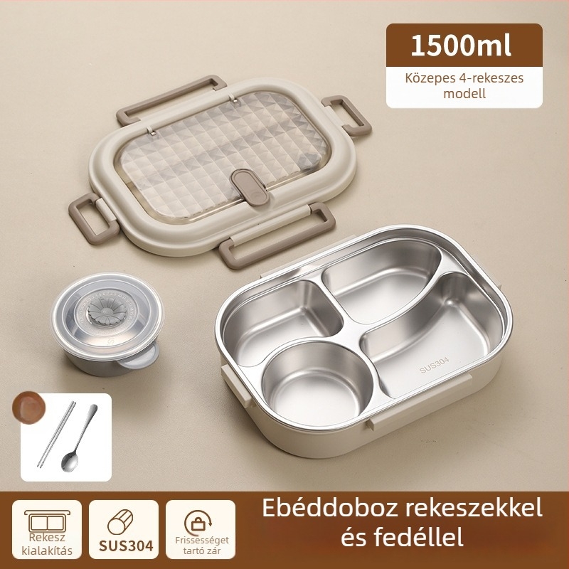 Ebédes doboz 304 rozsdamentes acél + PP, szigetelt, mikróhöz kompatibilis, 1–2 L, egylépcsős/dupla réteg