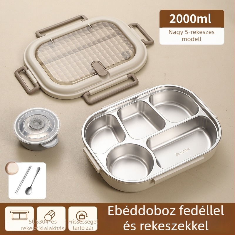 Ebédes doboz 304 rozsdamentes acél + PP, szigetelt, mikróhöz kompatibilis, 1–2 L, egylépcsős/dupla réteg