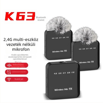 K63 vezeték nélküli lavalier mikrofon, Bluetooth 5.2, 20 Hz–20 kHz tartomány, SNR ≥75 dB, csatorna 2.1, akkumulátor élettartam 8–12 h