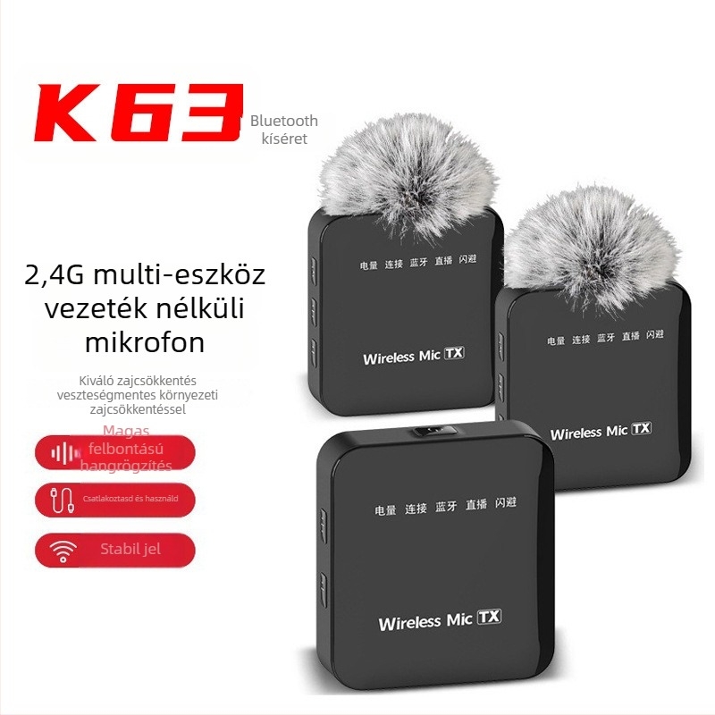 K63 vezeték nélküli lavalier mikrofon, Bluetooth 5.2, 20 Hz–20 kHz tartomány, SNR ≥75 dB, csatorna 2.1, akkumulátor élettartam 8–12 h