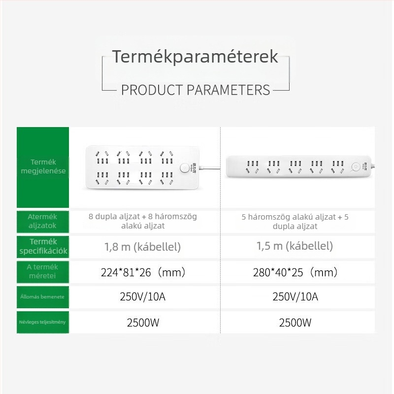 Delipu 8‑lyukú dugaszoló aljzat vezetékes, otthonra és irodába – 220–250V, 2500W, rézvezető, PP ház