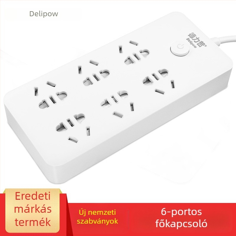 Delipu 8‑lyukú dugaszoló aljzat vezetékes, otthonra és irodába – 220–250V, 2500W, rézvezető, PP ház