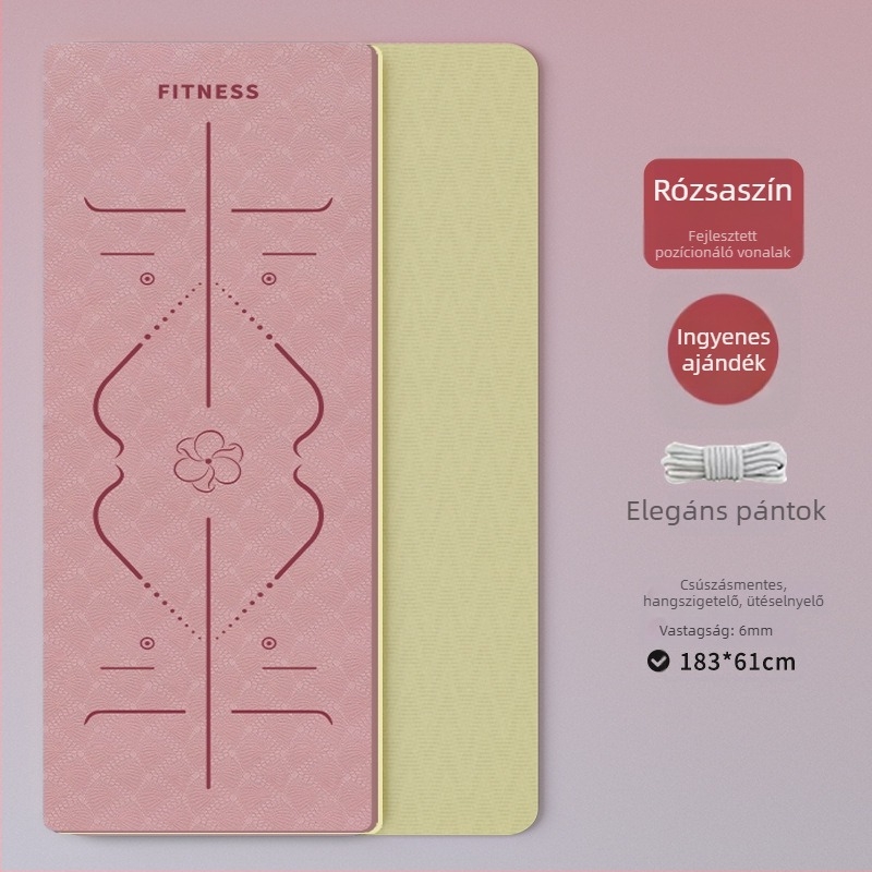 TPE jóga matrac – összecsukható, ultra széles, extra vastag, csúszásmentes, ütéscsillapító, csendes; Anyag: TPE; Vastagság: 6 mm; Súly: 490 g; Mintázat: Pozícióvonalak
