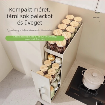 Kihúzható konyhai fűszeres polc, keskeny élű vasból, fűszertartó üvegekhez, munkalapra illeszkedő, minimalist stílus