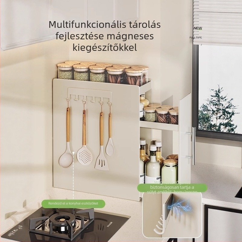 Kihúzható konyhai fűszeres polc, keskeny élű vasból, fűszertartó üvegekhez, munkalapra illeszkedő, minimalist stílus
