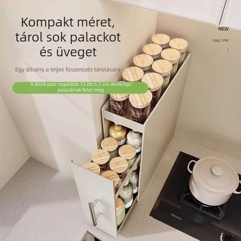 Kihúzható konyhai fűszeres polc, keskeny élű vasból, fűszertartó üvegekhez, munkalapra illeszkedő, minimalist stílus