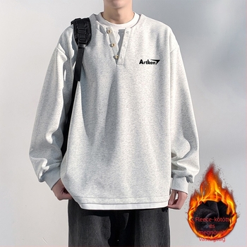 Seegave fleece bevonatú V-nyakú pulóver, laza fazon, hosszú ujjú, poliészter anyag, férfiaknak