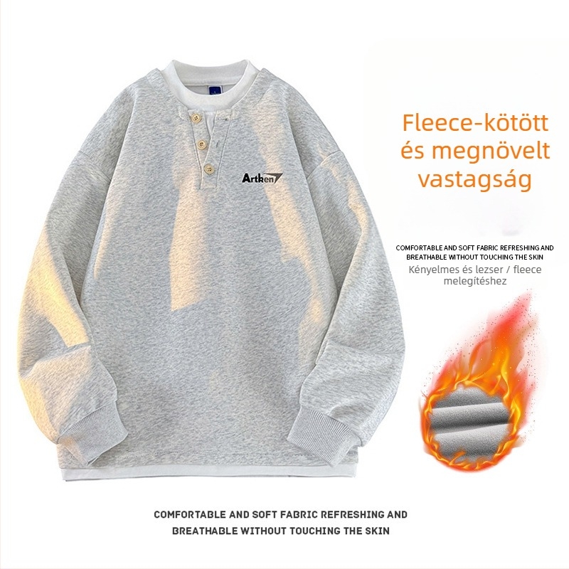 Seegave fleece bevonatú V-nyakú pulóver, laza fazon, hosszú ujjú, poliészter anyag, férfiaknak