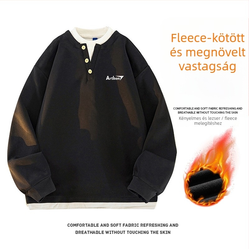 Seegave fleece bevonatú V-nyakú pulóver, laza fazon, hosszú ujjú, poliészter anyag, férfiaknak