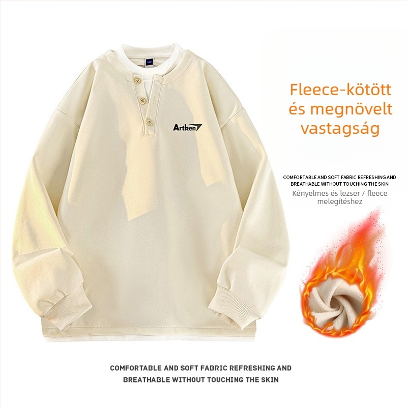 Seegave fleece bevonatú V-nyakú pulóver, laza fazon, hosszú ujjú, poliészter anyag, férfiaknak