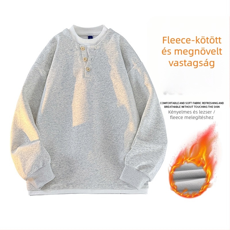 Seegave fleece bevonatú V-nyakú pulóver, laza fazon, hosszú ujjú, poliészter anyag, férfiaknak