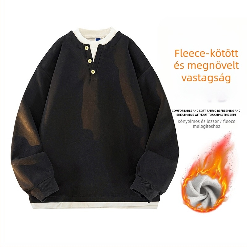 Seegave fleece bevonatú V-nyakú pulóver, laza fazon, hosszú ujjú, poliészter anyag, férfiaknak