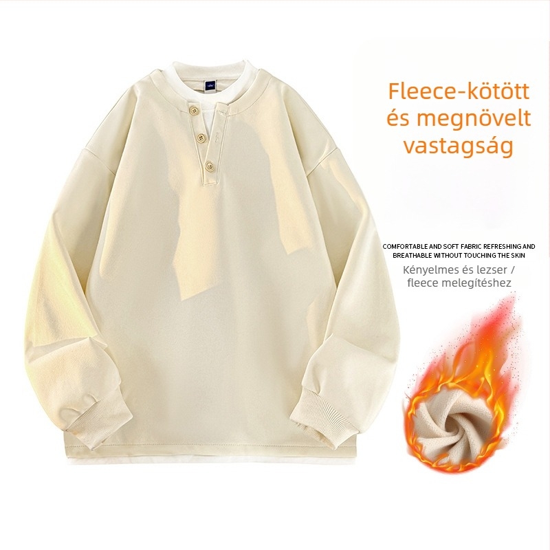 Seegave fleece bevonatú V-nyakú pulóver, laza fazon, hosszú ujjú, poliészter anyag, férfiaknak