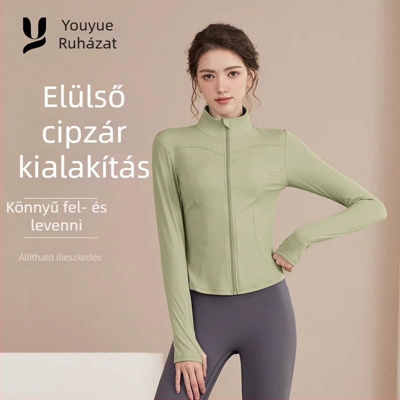 Youyou női karcsúsító szabású kültéri jóga dzseki, hosszú ujjú, derékig érő hossz, nedvességelvezető poliészter