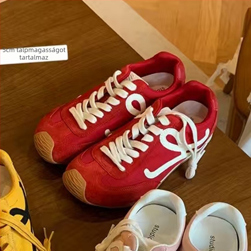 Női edzőcipő – balett-stílusú retro, színblokkal ellátott dizájn, magasságot növelő, bőr felsőrés, fűzős zárás, alacsony topp