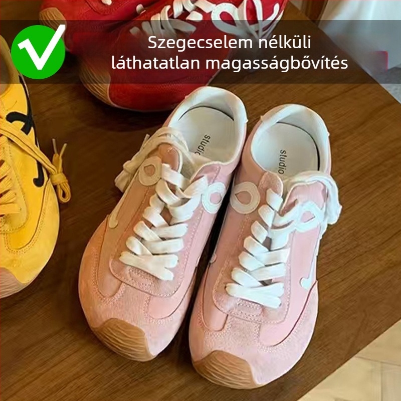 Női edzőcipő – balett-stílusú retro, színblokkal ellátott dizájn, magasságot növelő, bőr felsőrés, fűzős zárás, alacsony topp