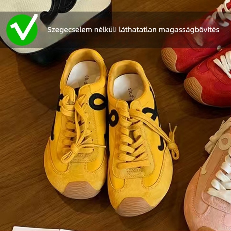 Női edzőcipő – balett-stílusú retro, színblokkal ellátott dizájn, magasságot növelő, bőr felsőrés, fűzős zárás, alacsony topp