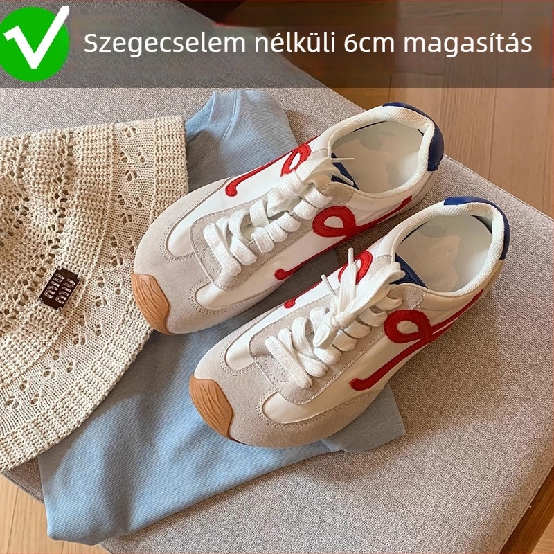 Női edzőcipő – balett-stílusú retro, színblokkal ellátott dizájn, magasságot növelő, bőr felsőrés, fűzős zárás, alacsony topp