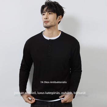 Férfi kereknyakú hosszú ujjú pamutkeverék póló, testhezálló szabású, ősz, casual