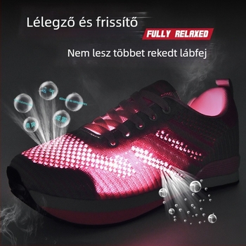 Visszafelé járáshoz tervezett sportcipő — hálós felsőrész, gumi talp, alacsony sarok 1–3 cm, magas felső rész 3–7 cm, fűző elöl