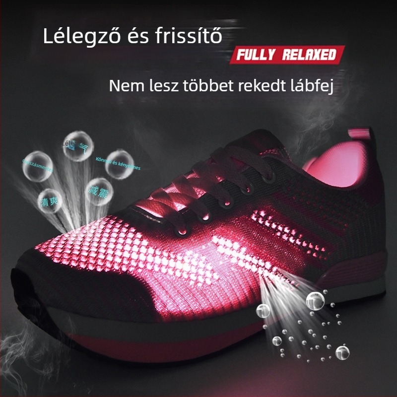 Visszafelé járáshoz tervezett sportcipő — hálós felsőrész, gumi talp, alacsony sarok 1–3 cm, magas felső rész 3–7 cm, fűző elöl