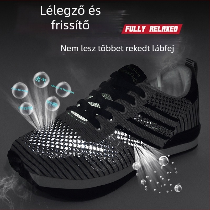 Visszafelé járáshoz tervezett sportcipő — hálós felsőrész, gumi talp, alacsony sarok 1–3 cm, magas felső rész 3–7 cm, fűző elöl