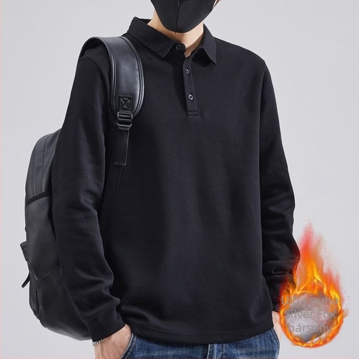 Férfi hosszú ujjú polo, fleece béléssel a melegért, laza szabás, pamut-poliészter keverék, ősz-téli szezonhoz