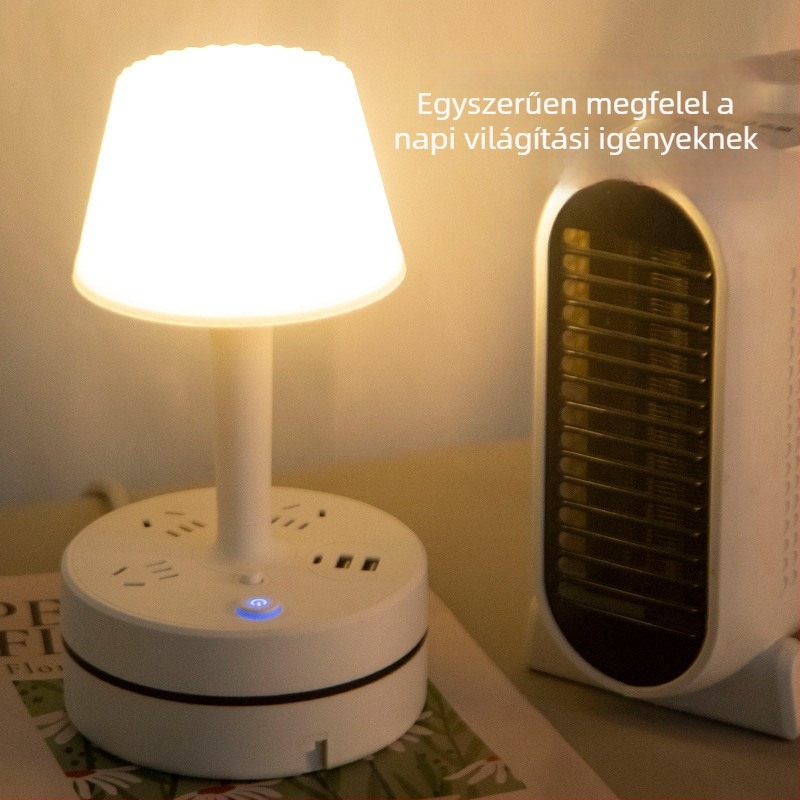 Multifunkcionális asztali lámpa beépített elosztóval, USB töltőporttal, LED szemvédő éjszakai fénnyel és tárolási funkcióval