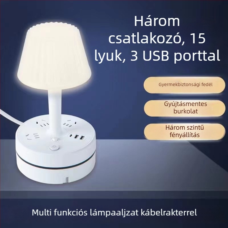 Multifunkcionális asztali lámpa beépített elosztóval, USB töltőporttal, LED szemvédő éjszakai fénnyel és tárolási funkcióval