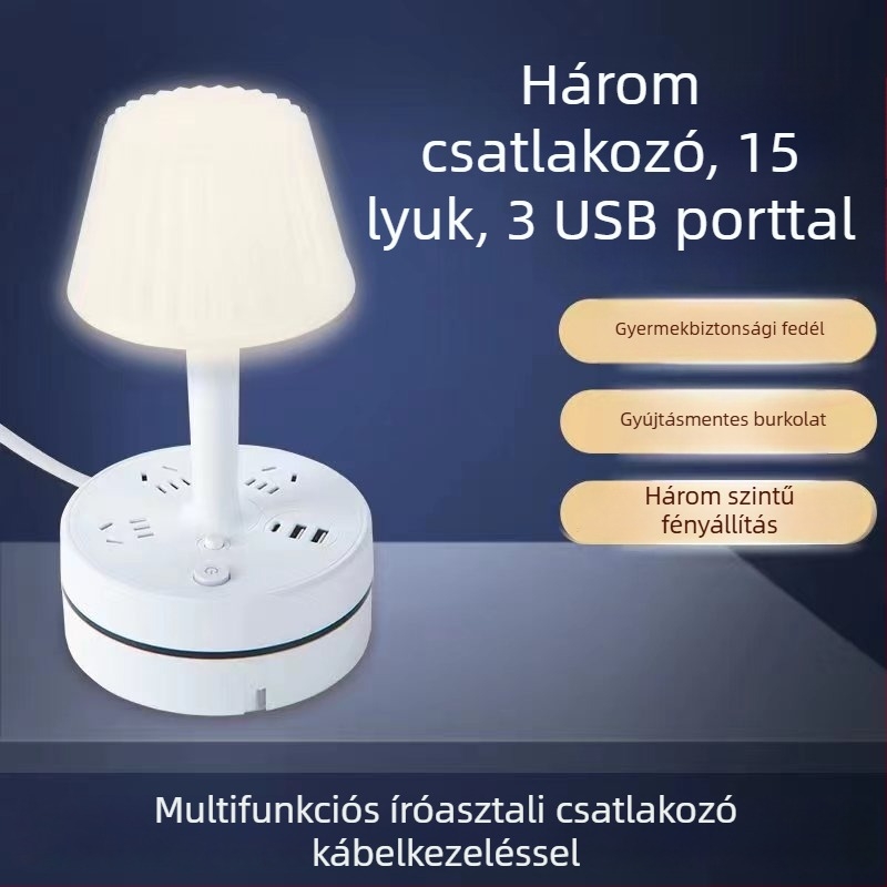 Multifunkcionális asztali lámpa beépített elosztóval, USB töltőporttal, LED szemvédő éjszakai fénnyel és tárolási funkcióval