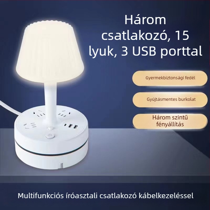 Multifunkcionális asztali lámpa beépített elosztóval, USB töltőporttal, LED szemvédő éjszakai fénnyel és tárolási funkcióval
