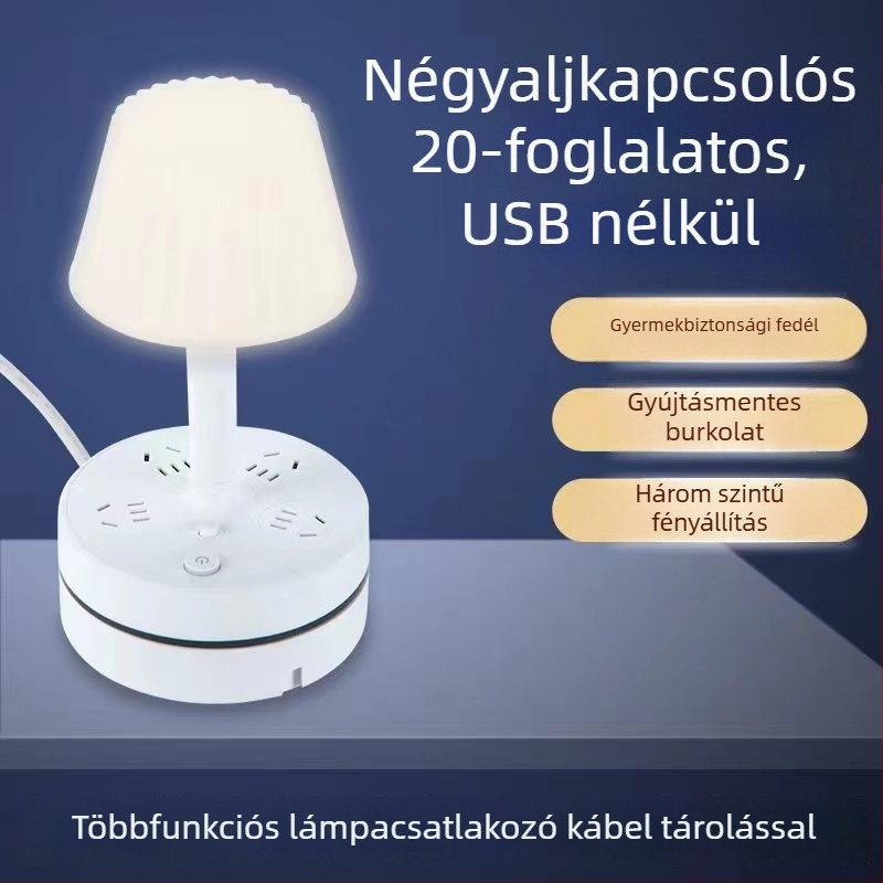 Multifunkcionális asztali lámpa beépített elosztóval, USB töltőporttal, LED szemvédő éjszakai fénnyel és tárolási funkcióval