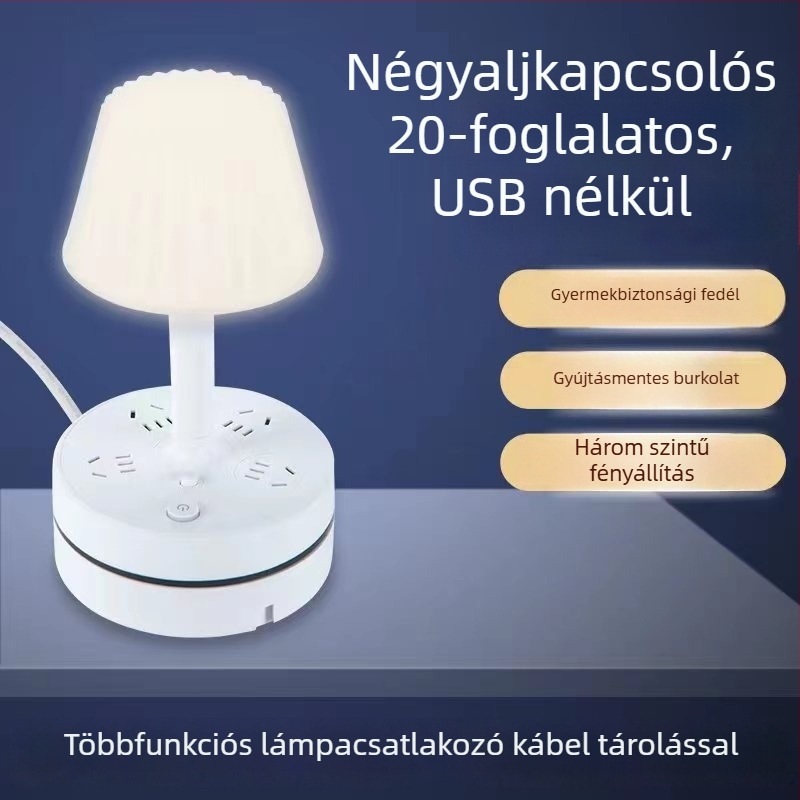Multifunkcionális asztali lámpa beépített elosztóval, USB töltőporttal, LED szemvédő éjszakai fénnyel és tárolási funkcióval