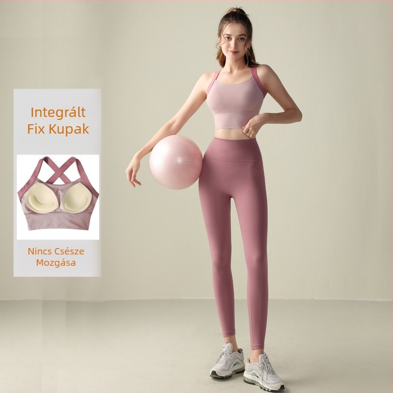 Női jóga szett ujjatlan toppal és szorosan illeszkedő nylon anyagú nadrággal, beépített melltartó betétekkel