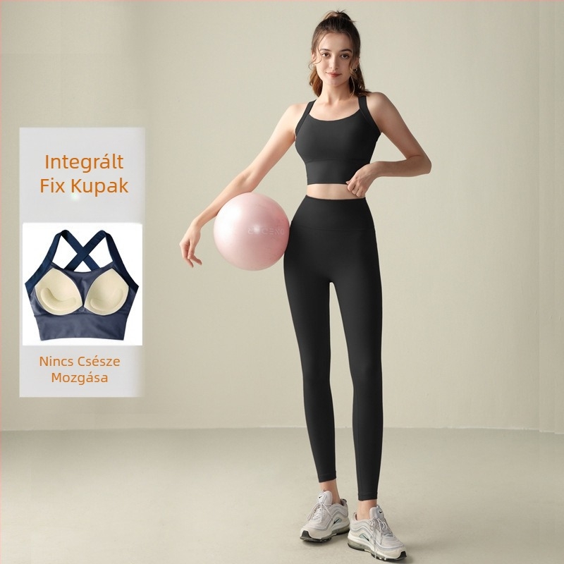 Női jóga szett ujjatlan toppal és szorosan illeszkedő nylon anyagú nadrággal, beépített melltartó betétekkel