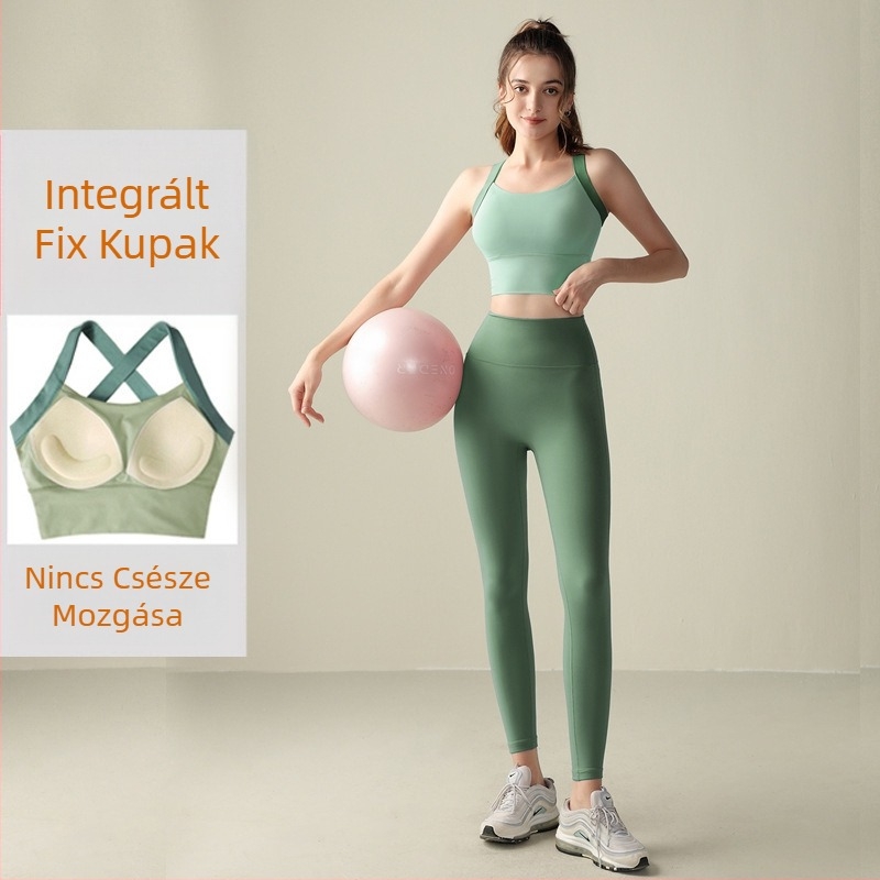 Női jóga szett ujjatlan toppal és szorosan illeszkedő nylon anyagú nadrággal, beépített melltartó betétekkel