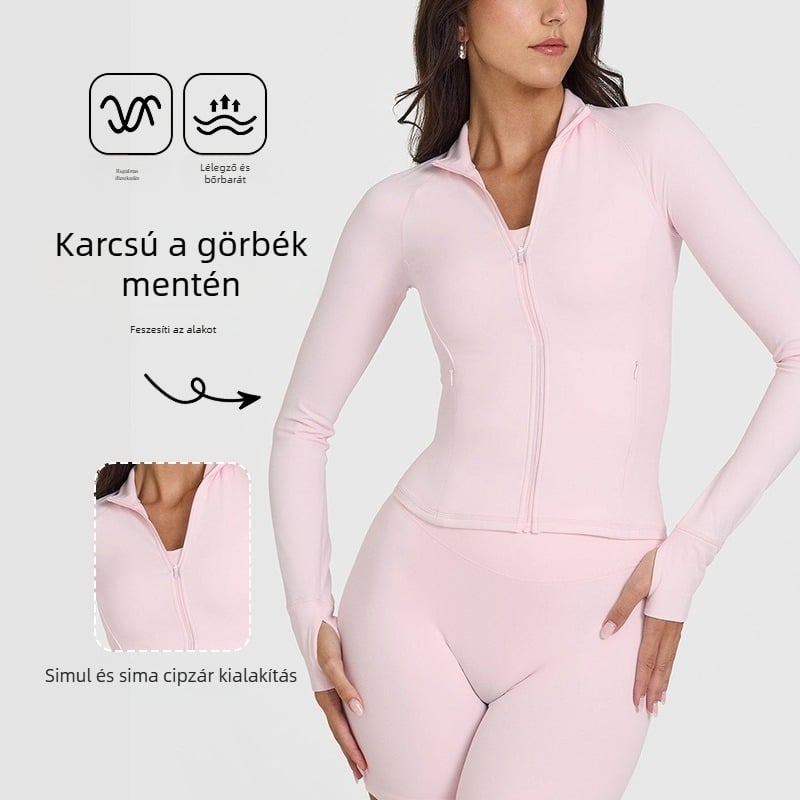 Női hosszú ujjú jóga dzseki cipzárral, szűk fazon, deréktáji hossz, lélegző nylon-spandex anyag (75% nylon / 25% spandex), Ami Medea.