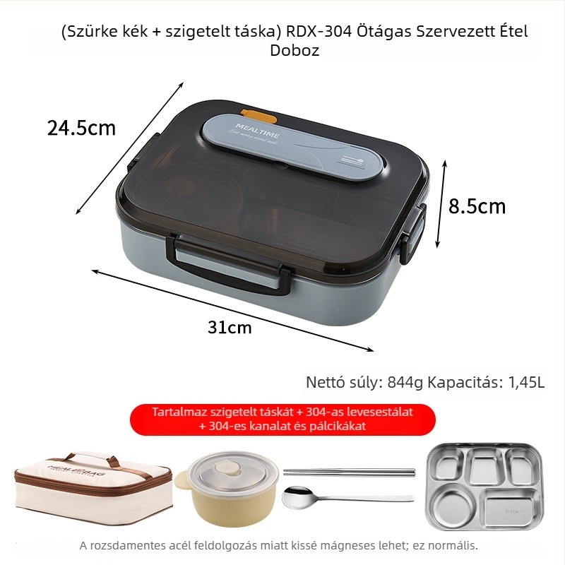 316 rozsdamentes acél ebédes doboz, szigetelt, téglalap alakú, kapacitás 1–2 L, utazáshoz