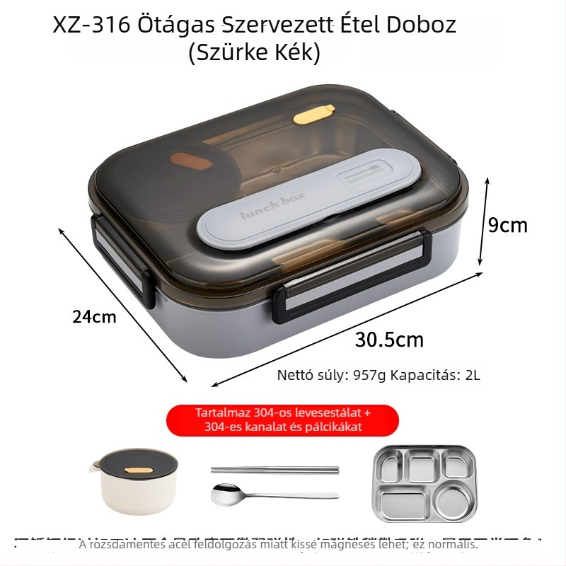 316 rozsdamentes acél ebédes doboz, szigetelt, téglalap alakú, kapacitás 1–2 L, utazáshoz