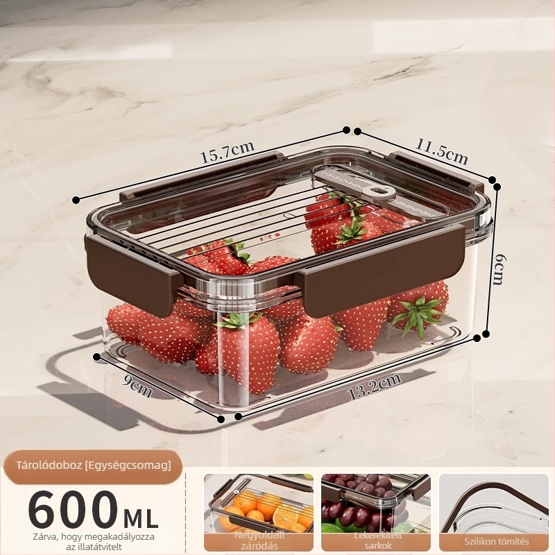 Műanyag hűtőszekrény-tároló doboz fedéllel – hordozható, légmentesen záródó, megőrzi a zöldségek és gyümölcsök frissességét