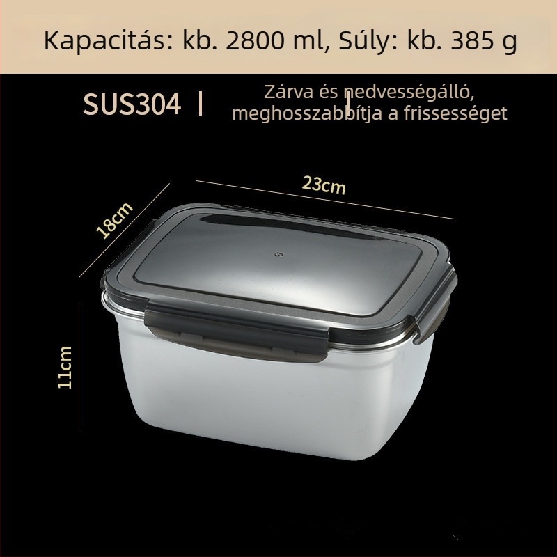 304 rozsdamentes acél ebédes doboz fogantyúval – négyszögletes formájú, 800–1000 ml kapacitás, légmentesen záró ételtároló