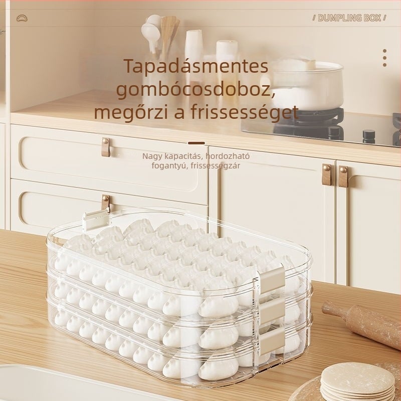 Dumpling tároló doboz, Többszintű frissesség megőrző kialakítás, Élelmiszer-minőségű műanyag, Zárt, Fagyasztóhoz alkalmas
