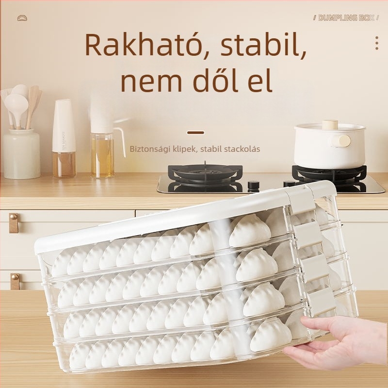 Dumpling tároló doboz, Többszintű frissesség megőrző kialakítás, Élelmiszer-minőségű műanyag, Zárt, Fagyasztóhoz alkalmas