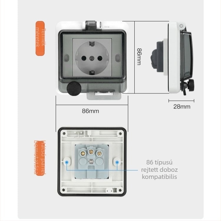 86-os típusú rejtett vízálló integrált tápcsatlakozó falra szerelhető fürdőszobai és kültéri használatra