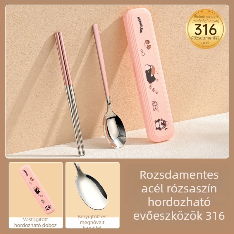 316 rozsdamentes acélból gyerek étkészlet – 1 személyes, 3 darabos (pálcikák, kanál, villa) hordozható tároló doboz, tükörfényes felület, nordic stílus, 2024-es bevezetés, testreszabható