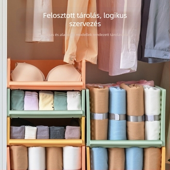 Műanyag ruhás szervező rétegzett elválasztókkal, halmozott kosaras fiókos tároló, nagy szekrény, japán stílus